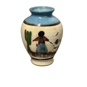 Tonala Vase Mexican Folk Art Pottery Stoneware Mother Child Southwest Hand Paint